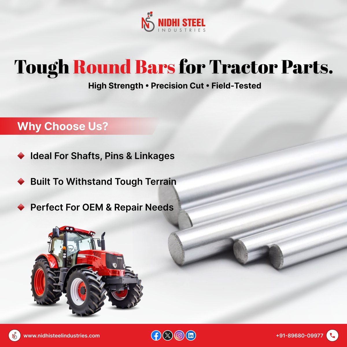 nidhisteelindus's tweet image. Tough. Precise. Reliable. 💪
Our Round Bars are built for tractor parts that face the toughest terrains! 🚜
Ideal for shafts, pins &amp;amp; linkages.
🔧 OEM &amp;amp; repair ready
🌐 nidhisteelindustries.com
📞 +91-89680-09977
#tractorparts #roundbars #nidhisteel