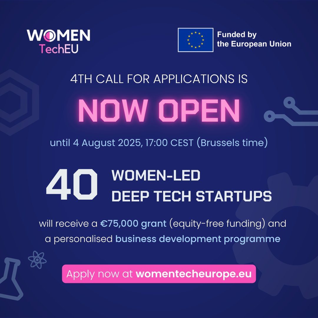 EBAN_org's tweet image. 🚀 The Women TechEU 4th & Final Open Call is OPEN!
✅ €75K equity-free grant
✅ 6-month biz dev programme
✅ Mentoring, expert training, networking
🗓️ Apply by 4 Aug 2025, 17:00 CEST
👉 womentecheurope.eu/upcoming-calls…