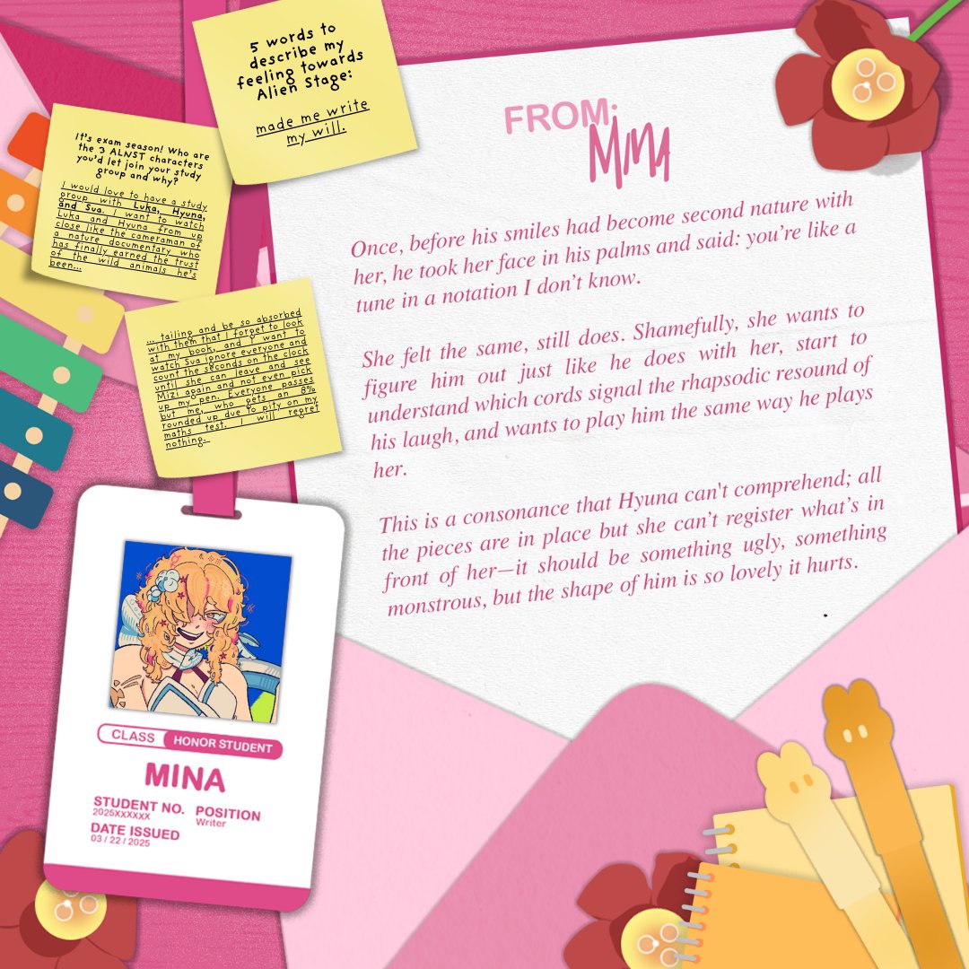anakt_corp's tweet image. ౨ৎ WRITER: Mina ౨ৎ
Introducing writer, @8bitdetective!
While Mina's treating this group study session like a wildlife observation documentary, the council members can only believe that they'll pull through in the next exam!
#AfterSchool_ALNST