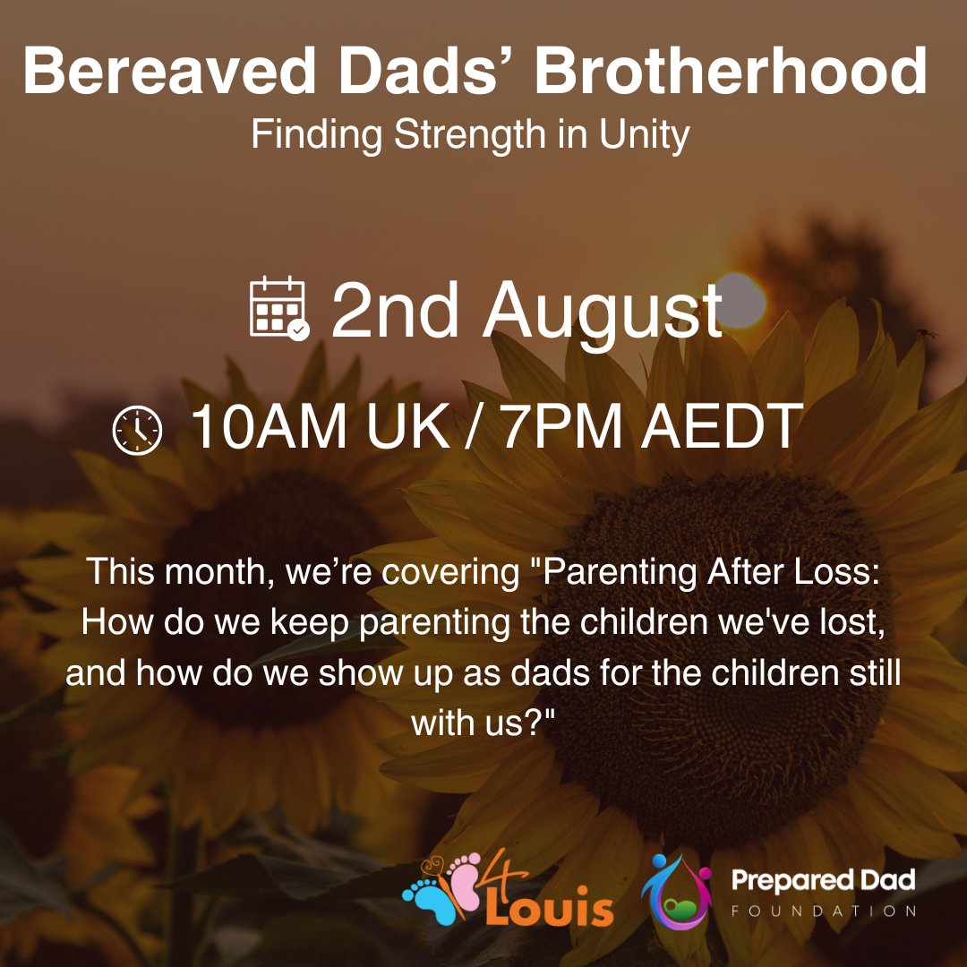 🌻 Next Bereaved Dads’ Brotherhood
🗓 2nd August | 10AM UK / 7PM AEDT

Topic: Parenting After Loss, How do we keep parenting the child we’ve lost, and show up for the ones still with us?

No dad should grieve alone.
Link 4louis.co.uk/bereaved-dads