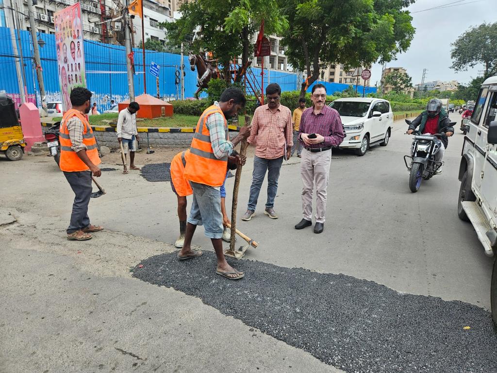 Zonal Commissioner Khairatabad, GHMC (@zc_khairatabad) on Twitter photo BT patch work underway near Shivaji Maharaj Chowki, Shaikpet Main Road, Jubilee Hills Circle.
Ensuring smoother & safer roads for all commuters. <a href="/CommissionrGHMC/">Commissioner GHMC</a> <a href="/gadwalvijayainc/">Vijayalaxmi Gadwal, GHMC MAYOR</a> <a href="/PrlsecyMAUD/">Prl Secy MAUD.</a> <a href="/GHMCOnline/">GHMC</a> BT patch work underway near Shivaji Maharaj Chowki, Shaikpet Main Road, Jubilee Hills Circle.
Ensuring smoother & safer roads for all commuters. <a href="/CommissionrGHMC/">Commissioner GHMC</a> <a href="/gadwalvijayainc/">Vijayalaxmi Gadwal, GHMC MAYOR</a> <a href="/PrlsecyMAUD/">Prl Secy MAUD.</a> <a href="/GHMCOnline/">GHMC</a>