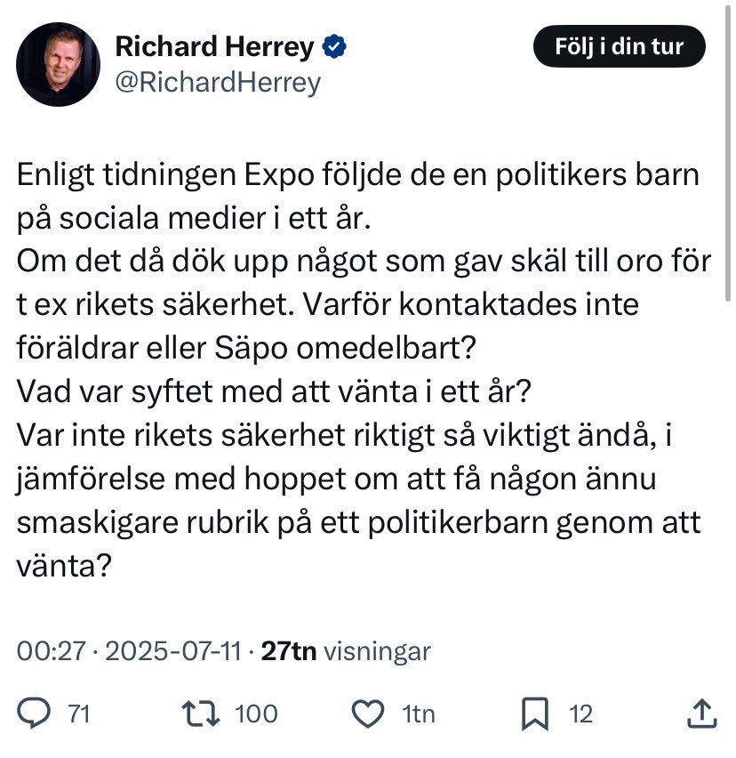 Intresset är verkligen stort för mitt och Erik Glaads avslöjande. Försöker följa debatten lite grann från semestern och noterade några felaktigheter som sprids. 

En är att Expo skulle ha känt till att Forssells sons roll i extremhögern under ett år. Det stämmer inte. 
🧵