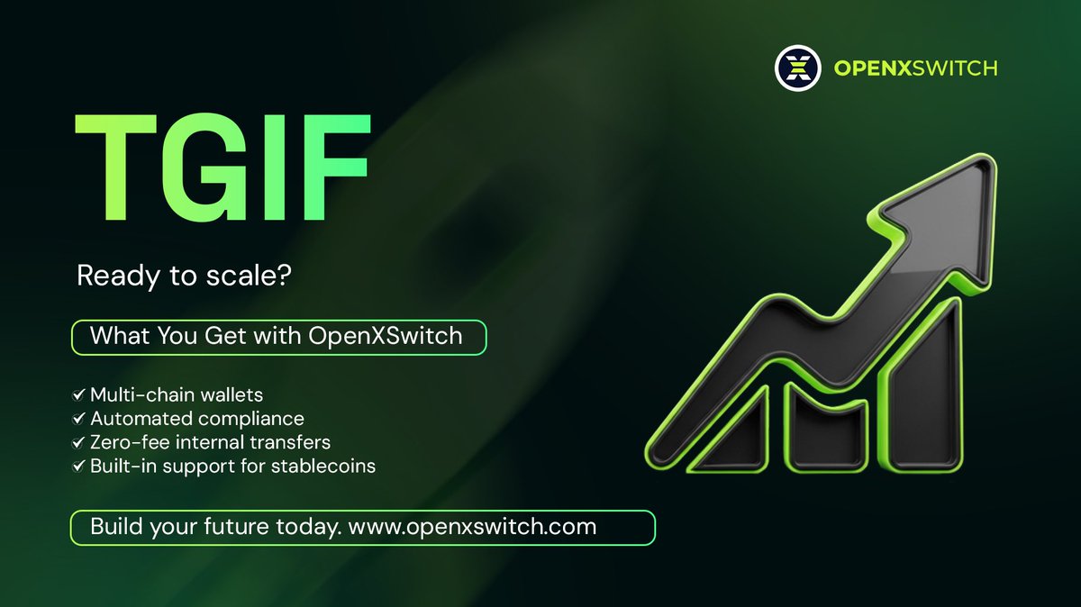 OpenXSwitch's tweet image. TGIF! Ready to scale?
OpenXSwitch’s Wallet Infrastructure powers your exchange with multi-asset support, automated compliance &amp;amp; zero-fee internal transfers.
Build your future today: [openxswitch.com]
#OpenXSwitch #Fintech #CryptoWallet  #HappyFriday