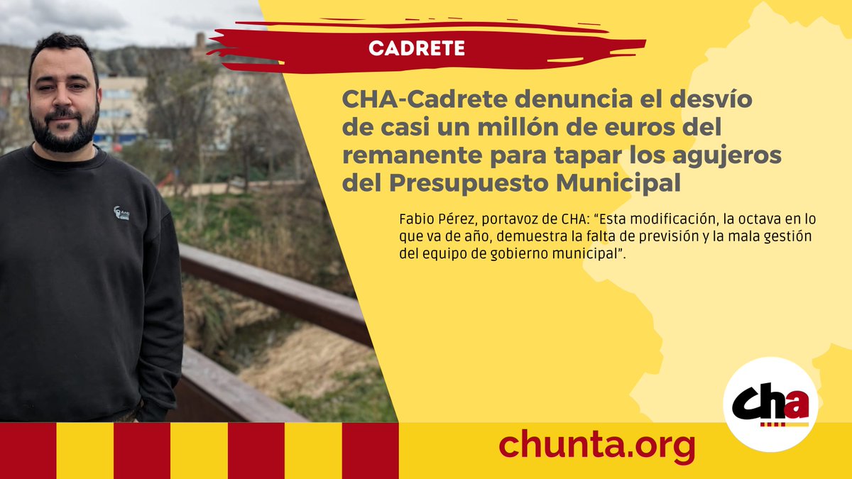 Chunta Aragonesista (@chunta) on Twitter photo 💶 CHA-Cadrete denuncia el desvío de casi un millón de euros del remanente para tapar los agujeros del Presupuesto Municipal
<a href="/FabioBuil/">Fabio Pérez Buil 🟡🔴🟡🔴🟡🔴🟡🔻🟡</a>: "Esta modificación, la octava en lo que va de año, demuestra la falta de previsión y la mala gestión"
🔗 elblogdecha.org/cha-cadrete-de… 💶 CHA-Cadrete denuncia el desvío de casi un millón de euros del remanente para tapar los agujeros del Presupuesto Municipal
<a href="/FabioBuil/">Fabio Pérez Buil 🟡🔴🟡🔴🟡🔴🟡🔻🟡</a>: "Esta modificación, la octava en lo que va de año, demuestra la falta de previsión y la mala gestión"
🔗 elblogdecha.org/cha-cadrete-de…