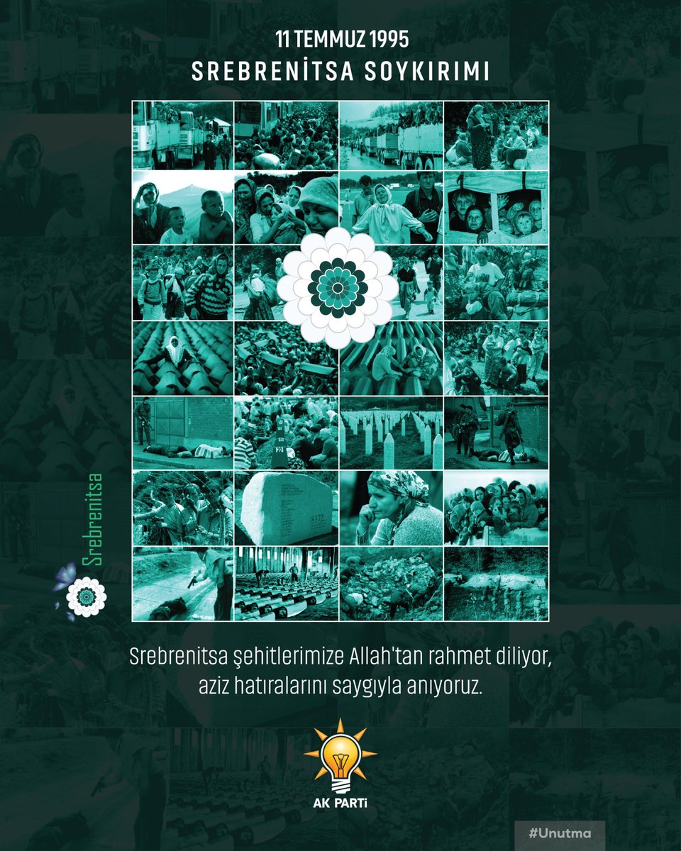 Tarihin en karanlık sayfalarından biri olan #Srebrenitsa Katliamı’nın 30. yılında, katledilen 8.372 canı rahmetle anıyor, kardeş Bosna halkına sabır diliyoruz.
Bu büyük acıyı unutturmayacak; mazlumun yanında durma sorumluluğunu kararlılıkla sürdüreceğiz.

<a href="/Akparti/">AK Parti</a>