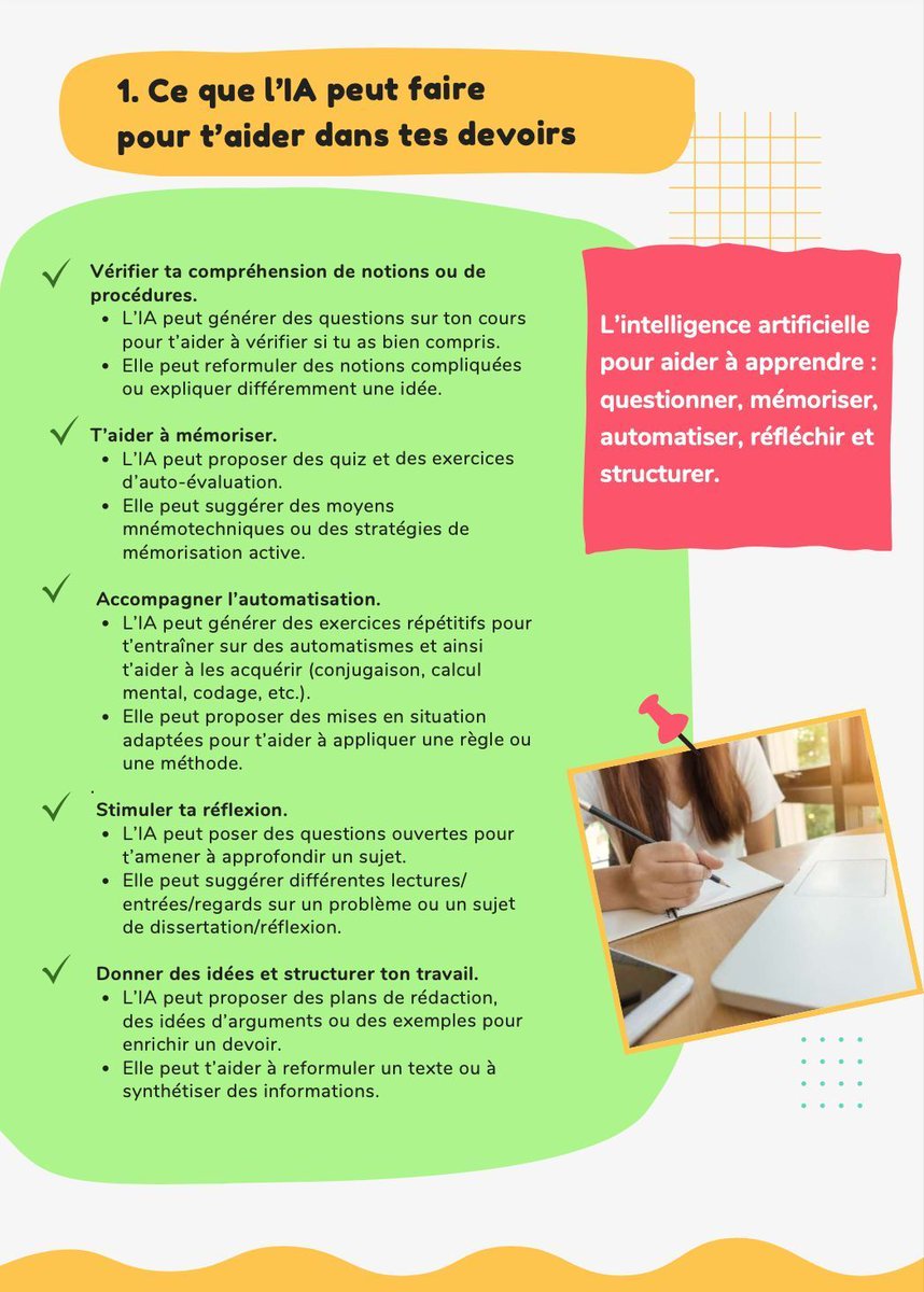 sophiaefrance's tweet image. 📘 L’#IA dans les devoirs : un défi pour l’#apprentissage autonome.
L&apos; @Académie_Paris propose un guide clair pour encadrer l’usage de l’IA à la maison : niveaux d’autorisation, prompts efficaces, esprit critique… 
media.licdn.com/dms/document/m…