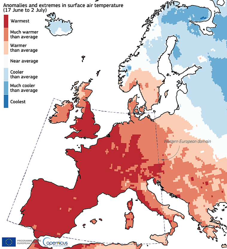 PGDynes's tweet image. Western Europe just had its warmest June ever — avg temp of 20.49°C, a staggering 2.81°C above the 1991–2020 norm. Nearly 3°C above normal… during a La Niña year!! Warming is accelerating, and W Europe is under a huge threat.