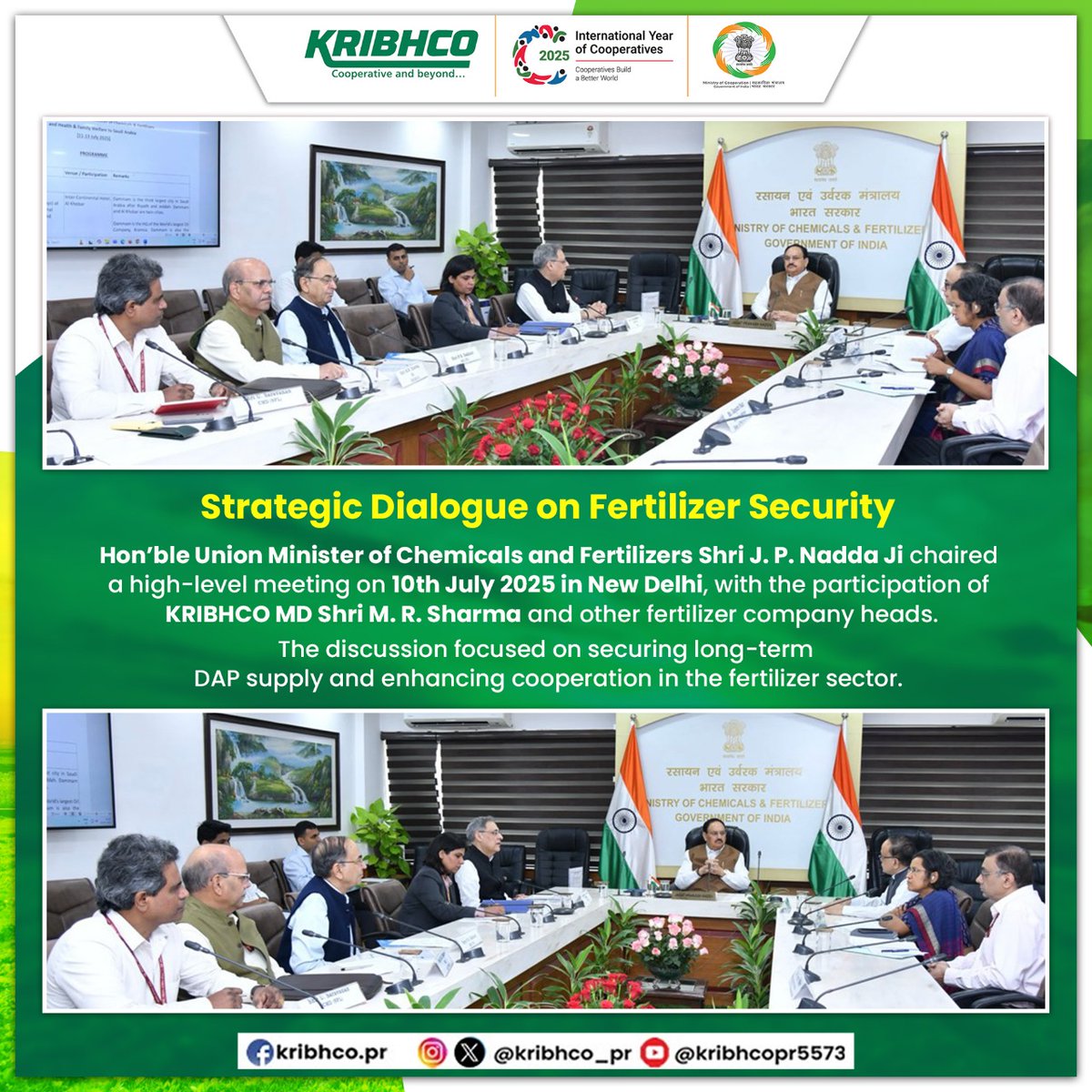 KRIBHCO (@kribhco_pr) on Twitter photo A high-level meeting was held on 10th July 2025 in New Delhi under the leadership of HonтАЩble Union Minister of Chemicals and Fertilizers of India, Shri J. P. Nadda (<a href="/JPNadda/">Jagat Prakash Nadda</a>), ahead of the official delegation's visit to Saudi Arabia.
KRIBHCO MD Shri M. R. Sharma, along with A high-level meeting was held on 10th July 2025 in New Delhi under the leadership of HonтАЩble Union Minister of Chemicals and Fertilizers of India, Shri J. P. Nadda (<a href="/JPNadda/">Jagat Prakash Nadda</a>), ahead of the official delegation's visit to Saudi Arabia.
KRIBHCO MD Shri M. R. Sharma, along with