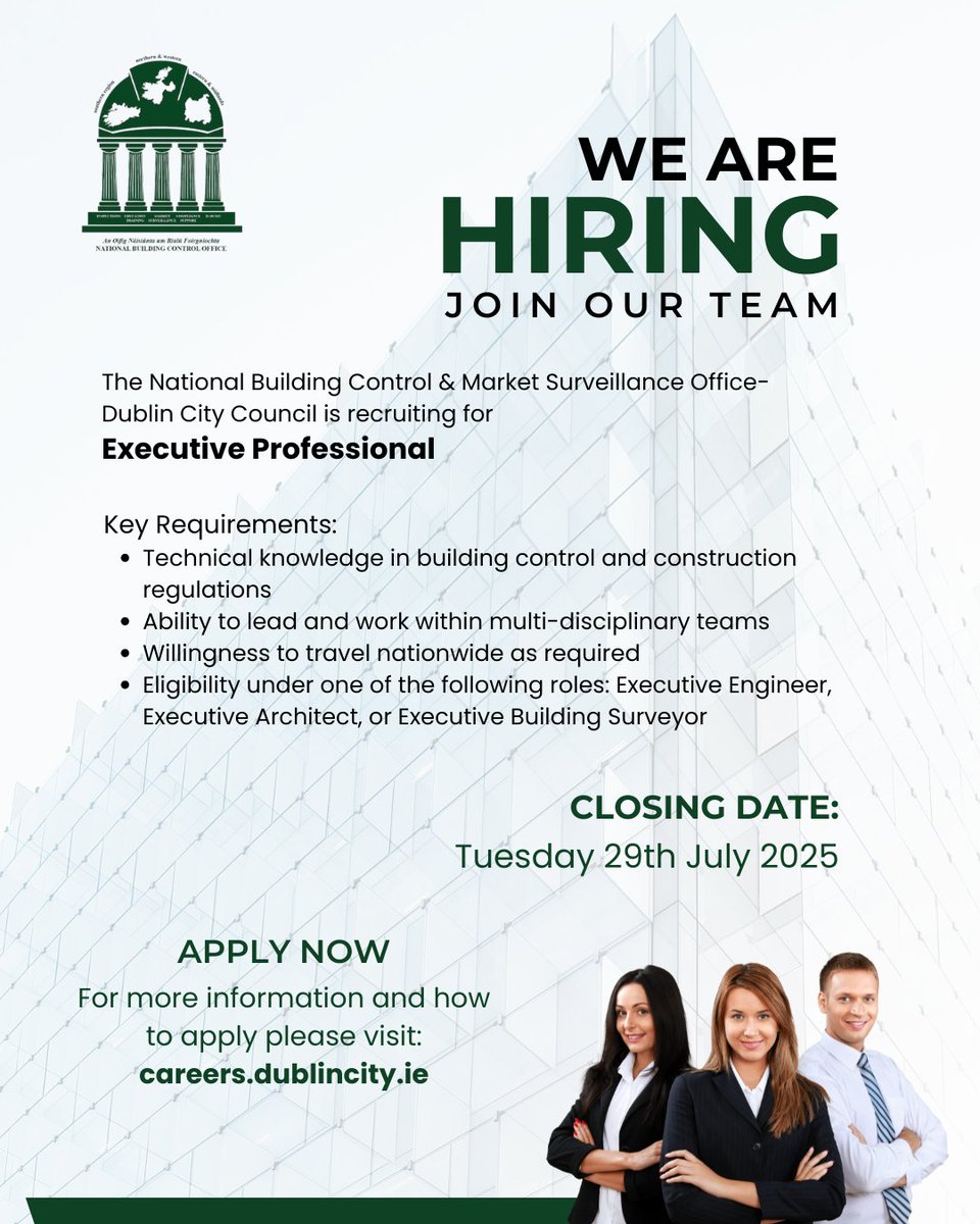 NBCOIreland's tweet image. To all Engineers, Architects, and Building Surveyors, join our team in providing oversight, support, and direction for the development, standardisation, and implementation of Building Control across Ireland. 🏛️
#dublincitycouncil #wearehiring #jobapplication