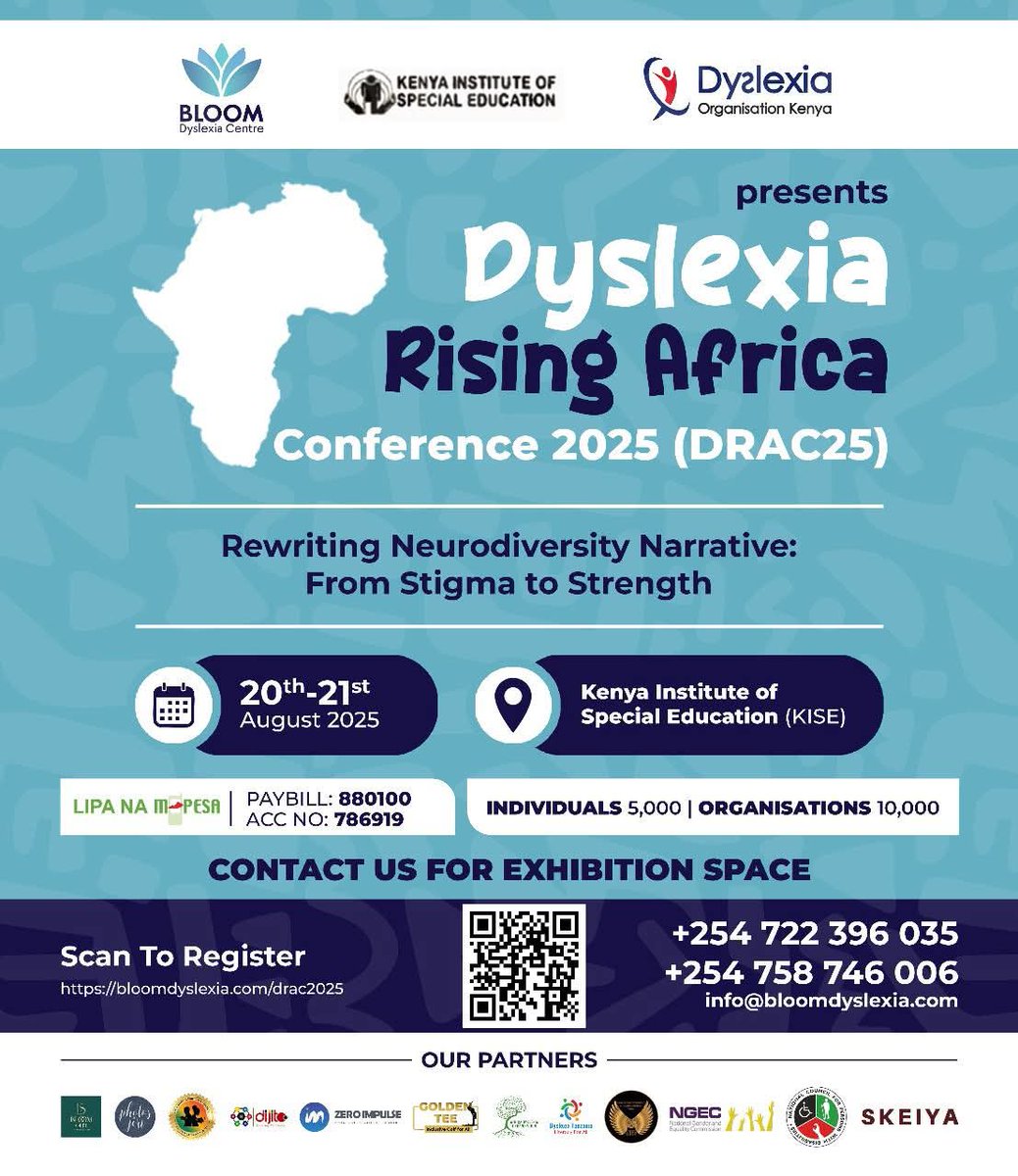 KISE invites you to be part of the movement!
Let’s spark powerful conversations, break the stigma, and celebrate neurodiversity in Africa.
Dyslexia Rising Africa Conference 2025 (DRAC25)Save the Date: 20–21 August 2025
Venue: Kenya Institute of Special Education (KISE)
Register
