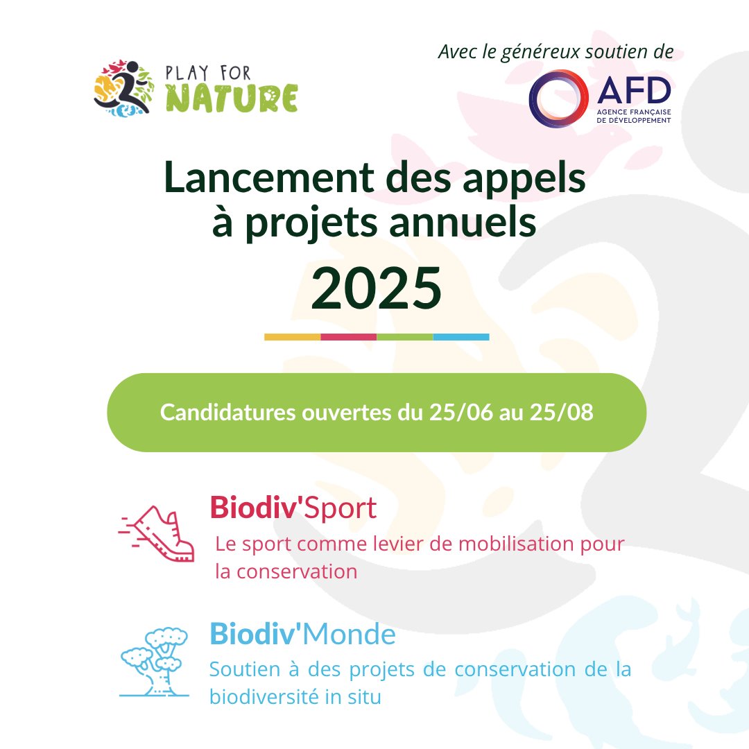 📣L'ONG <a href="/play_for_nature/">Play for Nature</a> lance 2 #AppelsAProjets :
🌍Biodiv’Monde : pour la conservation in situ &amp; études scientifiques sur la biodiversité
🏃Biodiv’Sport : pour le sport comme levier de sensibilisation à la protection du vivant  

Postulez avant le 25/08➡️bit.ly/4ljUMwr