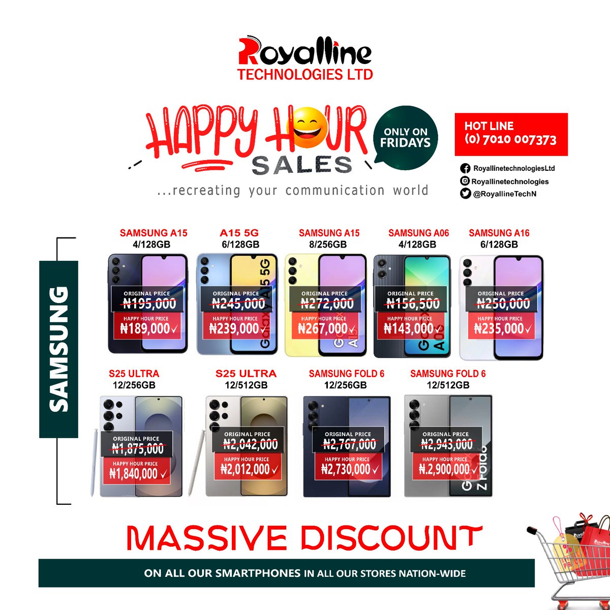 RoyallineTechN's tweet photo. Samsung. Big Names. Bigger Discounts.
Only during Happy Hour.
Shop smart. Shop fast.
📞 Call 07010007373 or visit Royalline today to lock in your Galaxy!
#UpgradeWithROYALLINE #RoyallineNigeria #TechPromo #GalaxyDeals #SamsungDiscount https://t.co/dKRfaOarlX