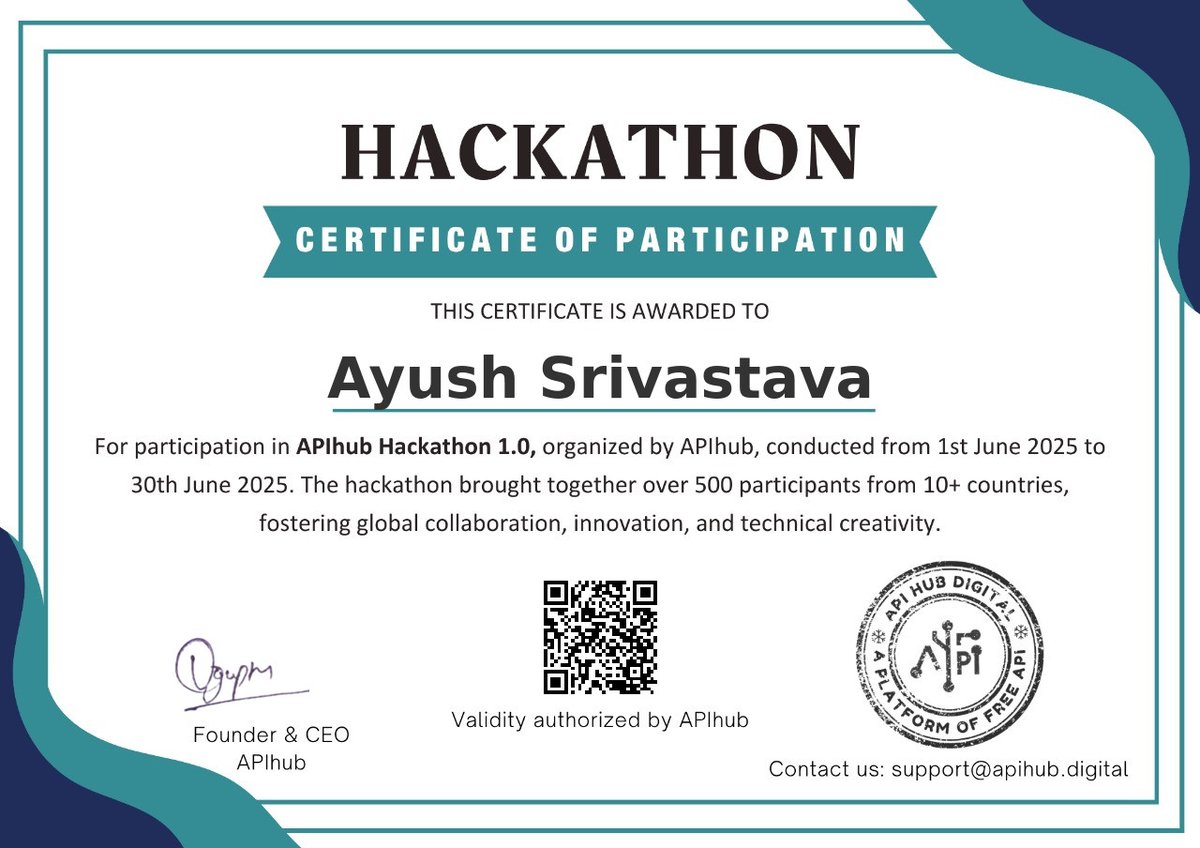 Ayusshs16's tweet image. Proud to be part of APIhub Hackathon 1.0, collaborating with 500+ participants globally to drive innovation and technical excellence.
#Hackathon #APIhub #Collaboration #Learning