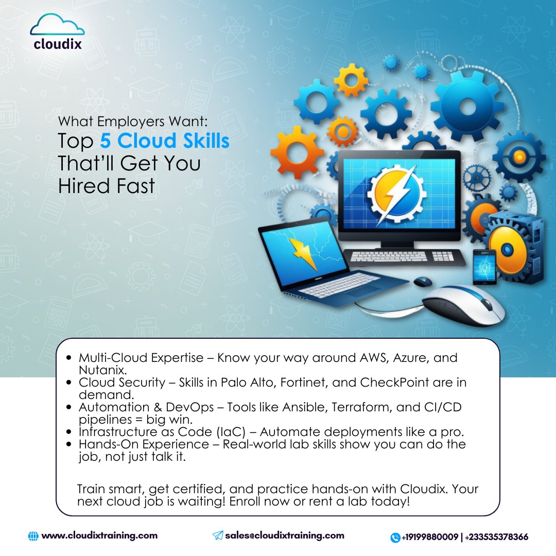 CloudixT's tweet image. Train smart, get certified, and practice hands-on with Cloudix. Your next cloud job is waiting!

👉 Enroll now or rent a lab today!

#CloudSkills2025 #GetHiredFast #CloudComputing #CloudCertifications #DevOps #CloudSecurity #Nutanix #AWS #Azure #CloudixTraining #Track2  #cloudixt