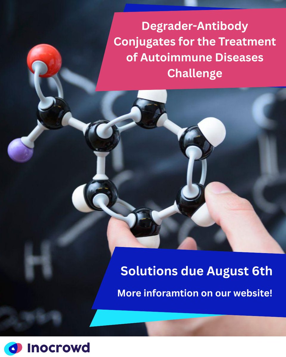 Inocrowd's tweet photo. 🧬 Take on this challenge to design novel Degrader-Antibody Conjugates (DACs) to treat autoimmune &amp; inflammatory diseases like lupus, Crohn’s, and psoriasis. Win $20,000 for breakthrough ideas!
🔗To find more information or submit a solution, visit our website! https://t.co/W8XiJIZMQb