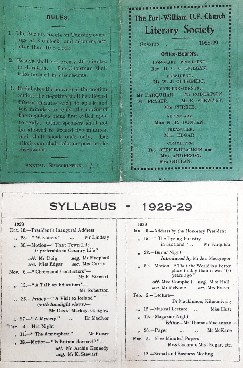 HLHArchives's tweet image. Fort William United Free Church: Copy of Literary Society Syllabus and Rules, 1928-29. The Society rounded off the year of 1928 with a debate titled, 'Is Britain Doomed?'
(L/D115/1/2)
#Lochaber #archives #History #Literature #HLH