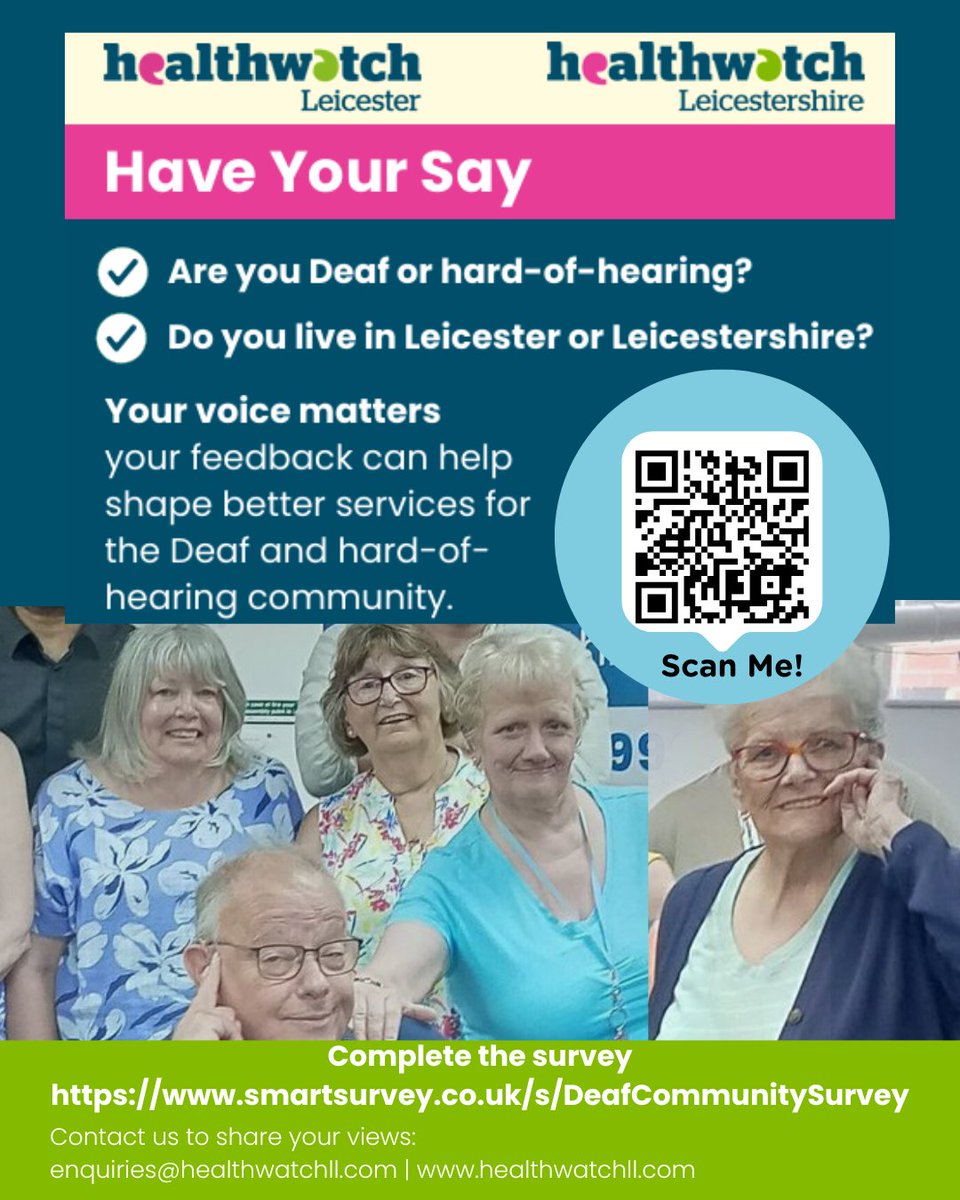 Healthwatch Leicester and Leicestershire (@healthwatchleic) on Twitter photo 🦻Are you Deaf or hard of hearing?
Help us to shape better services for your community.
Give your feedback on our survey. 
smartsurvey.co.uk/s/DeafCommunit…
Please share the survey with your friends and family too if it is relevant.
#Leicester #Leicestershire 🦻Are you Deaf or hard of hearing?
Help us to shape better services for your community.
Give your feedback on our survey. 
smartsurvey.co.uk/s/DeafCommunit…
Please share the survey with your friends and family too if it is relevant.
#Leicester #Leicestershire