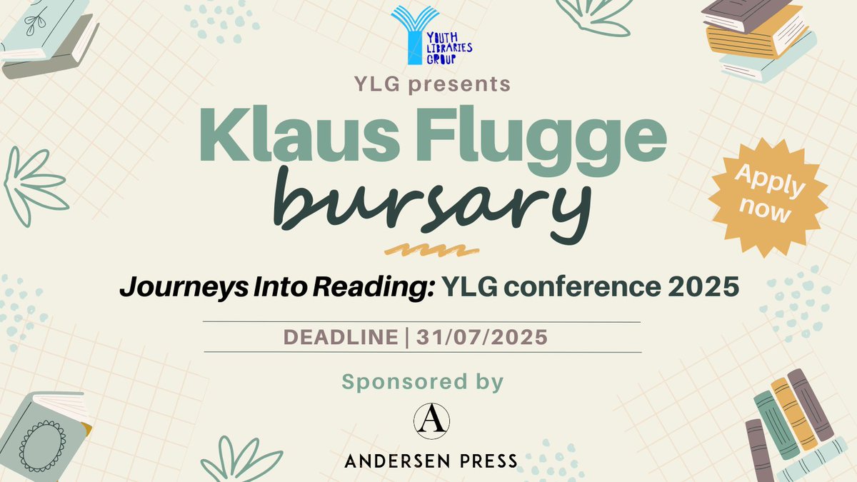 YLG Committee (@youthlibraries) on Twitter photo Applications for the Klaus Flugge Bursary for a sponsored place at Journeys Into Reading: #YLGConference2025 are now open! See the full thread below for details.
Thank you to <a href="/AndersenPress/">Andersen Press</a> for sponsoring this bursary
(1/5) Applications for the Klaus Flugge Bursary for a sponsored place at Journeys Into Reading: #YLGConference2025 are now open! See the full thread below for details.
Thank you to <a href="/AndersenPress/">Andersen Press</a> for sponsoring this bursary
(1/5)