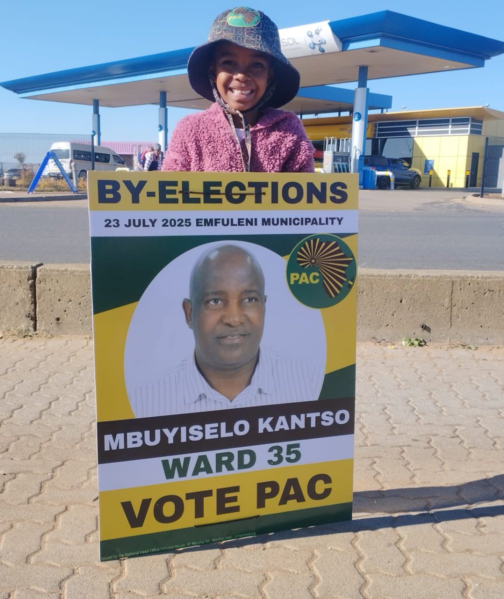 Pan Africanist Congress of Azania (PAC) (@mypaconline) on Twitter photo Ward 35 Emfuleni By-elections.
It's time for change! 
Vote for the PAC candidate Moafrika Mbuyiselo Kantso on July 23, 2025.
Izwe Lethu ππΏ
#PACforChange 
#Emfuleni 
#Ward35" Ward 35 Emfuleni By-elections.
It's time for change! 
Vote for the PAC candidate Moafrika Mbuyiselo Kantso on July 23, 2025.
Izwe Lethu ππΏ
#PACforChange 
#Emfuleni 
#Ward35"
