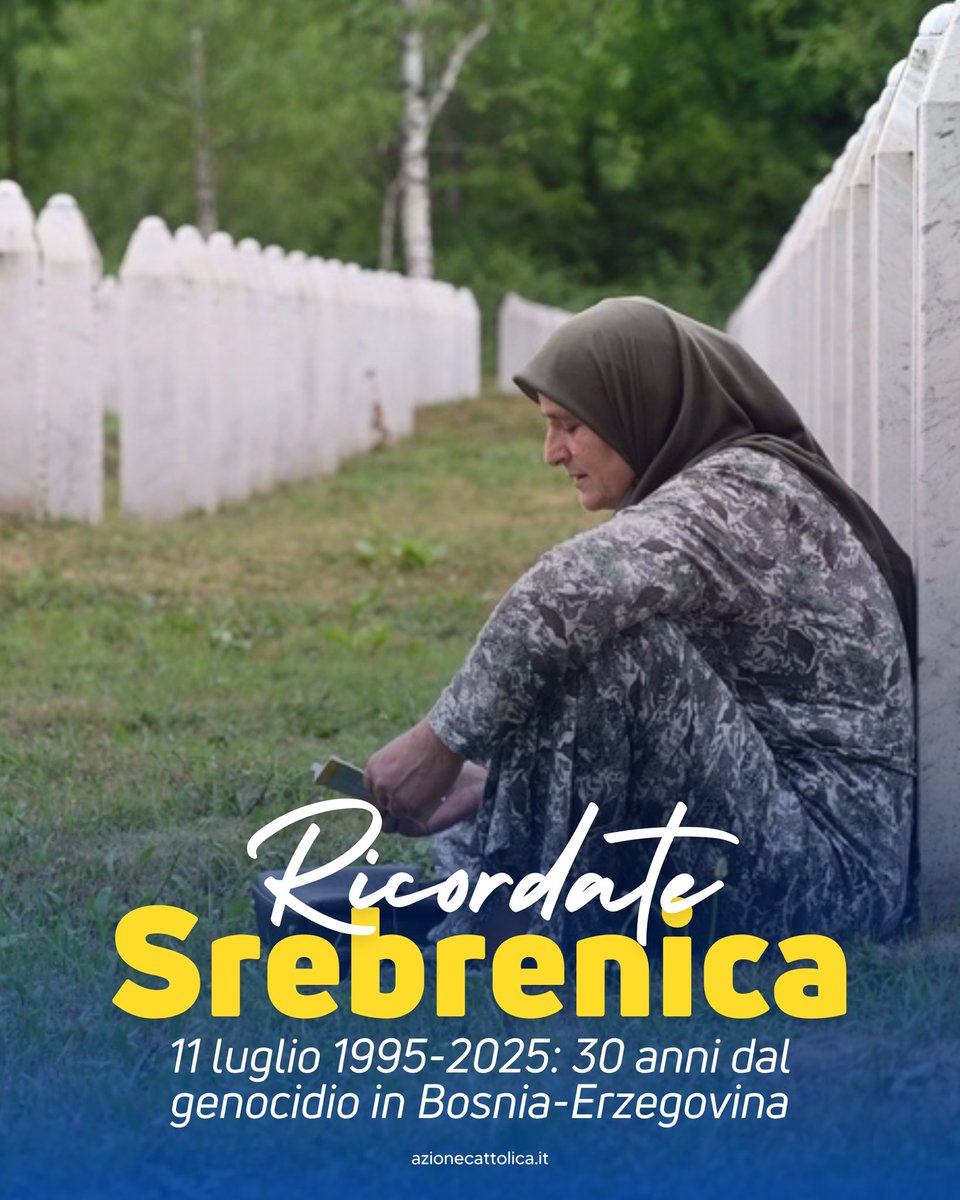 Azione Cattolica (@ac1868) on Twitter photo Oggi, 11 luglio, ci fermiamo davanti alla memoria delle oltre 8000 vittime di #Srebrenica. Un genocidio nel cuore dell’Europa.
<a href="/Fabiana_Martini/">Fabiana Martini</a> ci aiuta a ricordare quanto accaduto, 30 anni fa, alla popolazione bosniaca: azionecattolica.it/ricordare-sreb… Oggi, 11 luglio, ci fermiamo davanti alla memoria delle oltre 8000 vittime di #Srebrenica. Un genocidio nel cuore dell’Europa.
<a href="/Fabiana_Martini/">Fabiana Martini</a> ci aiuta a ricordare quanto accaduto, 30 anni fa, alla popolazione bosniaca: azionecattolica.it/ricordare-sreb…