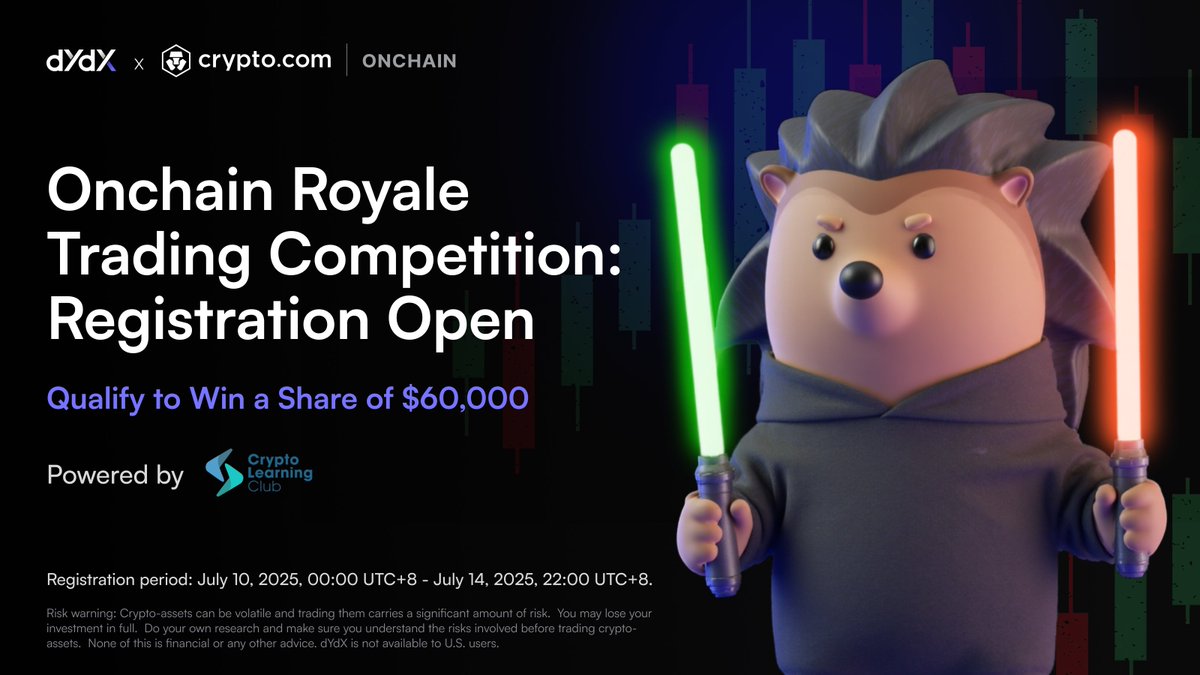 Registration is open for the $60K Onchain Royale Trading Competition with only 3 days left to enter ⏰

Sign up here ➡️ dydx.xyz/cryptocom?utm_…