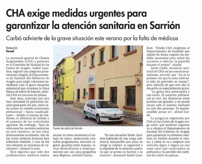 <a href="/isabelasobras/">Isabel Lasobras</a> <a href="/ChuntaTeruel/">CHA Teruel</a> #Sarrión #SanidadPública en <a href="/diariodeteruel/">Diario de Teruel</a>