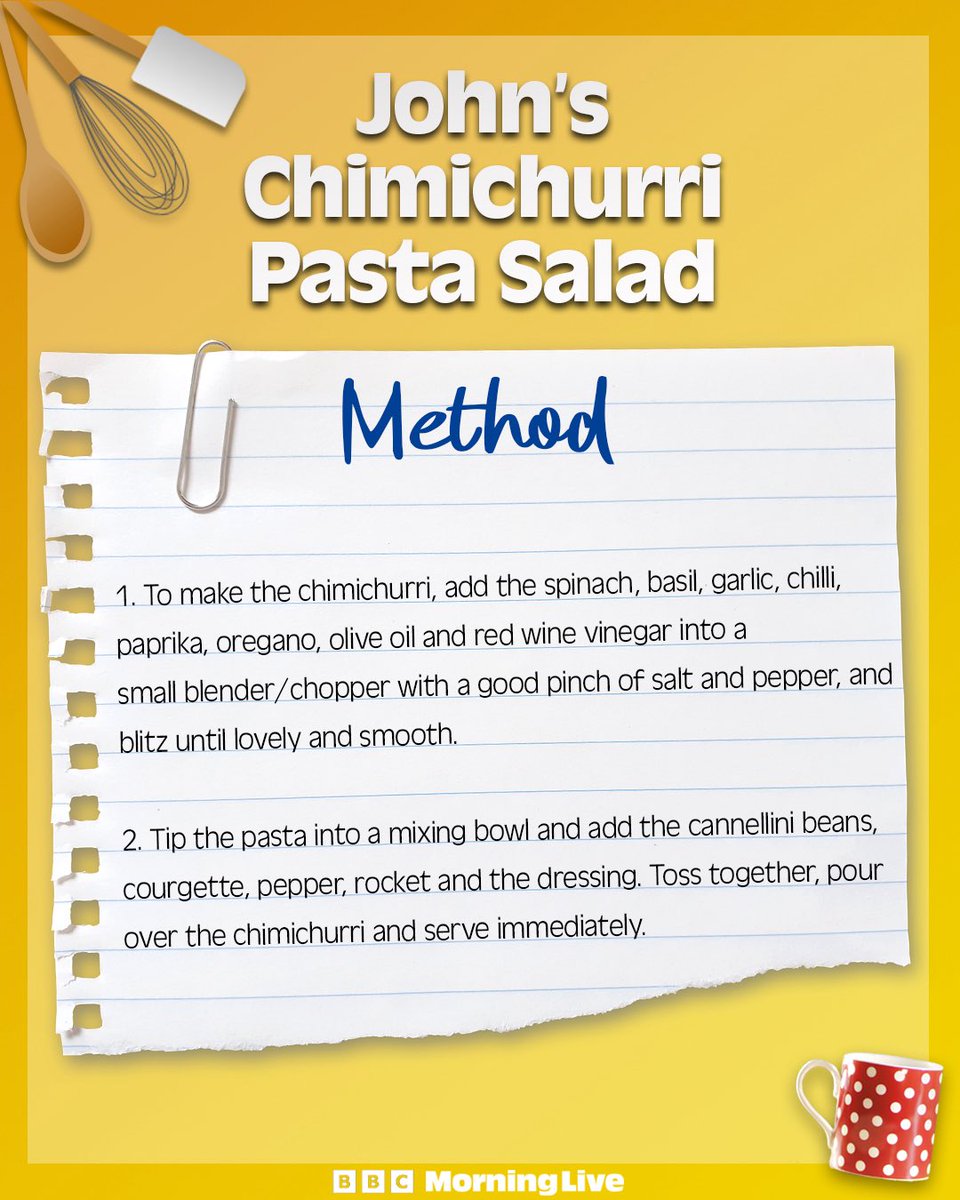 BBCMorningLive's tweet image. 🥒Here’s chef John Gregory Smith’s chimichurri pasta salad, the perfect fresh dish to serve up this summer!