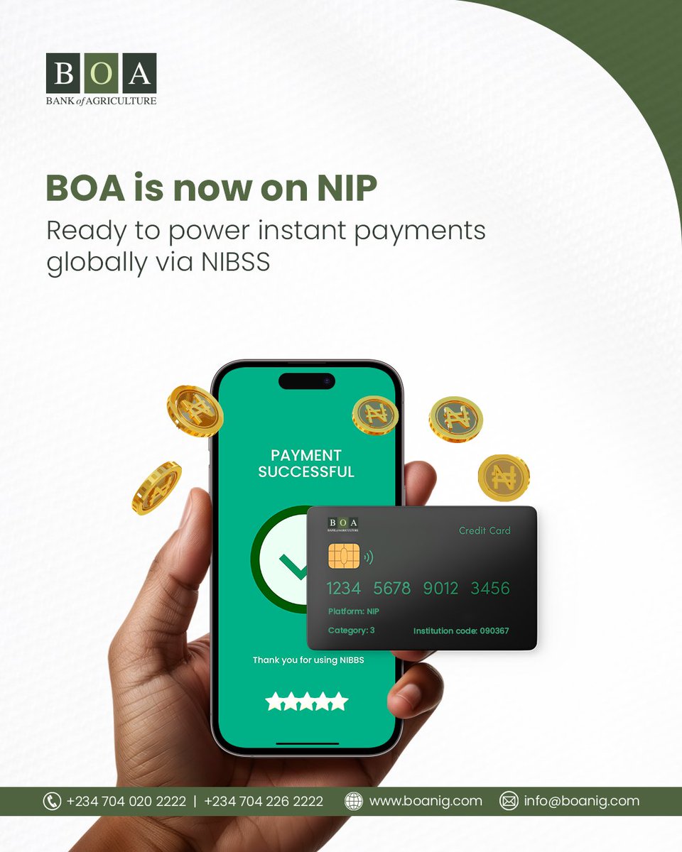 We have taken payments at the BOA to the next level. With NIP, we’re bringing you seamless, secure, and instant transactions that are faster and more efficient than ever before.

No more waiting. Just smooth, instant payments at your fingertips, whenever you need them!

#BOA