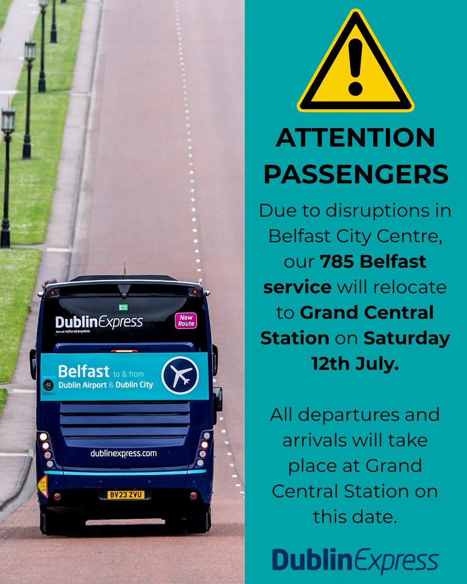📢 Service Update – Belfast Route 🚍

Due to disruptions in Belfast City Centre, our 785 Belfast service will temporarily relocate to Grand Central Station on Saturday, 12th July.

All departures and arrivals on this day will take place at Grand Central Station only. Please plan