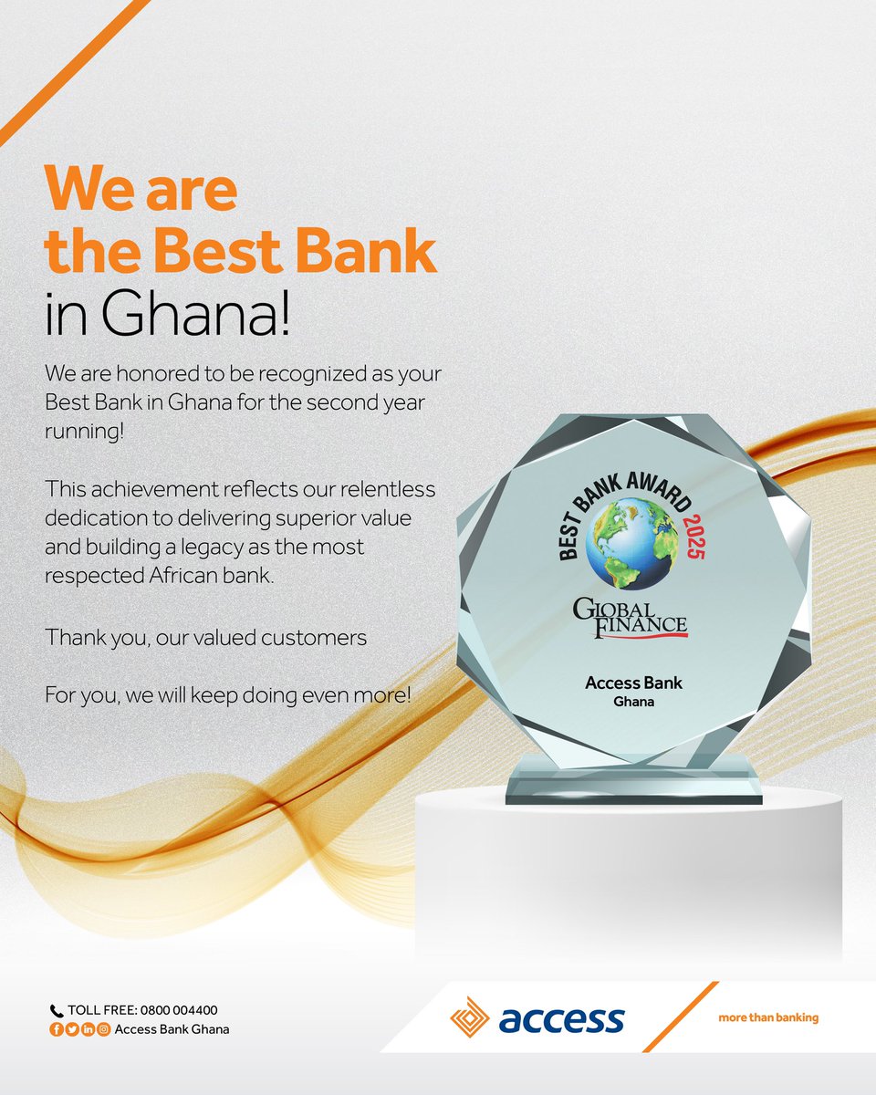 AccessBankGhana's tweet photo. We did it again - we’ve been named Best Bank in Ghana for the second year in a row 🙌🏾.
Thank you for always choosing us.
Here’s to #MoreService and #MoreInnovation .
Here’s to #MoreForYou 🥂.
#AccessBankGhana
#MoreThanBanking
#BestBankGhana https://t.co/9cdW49QON2