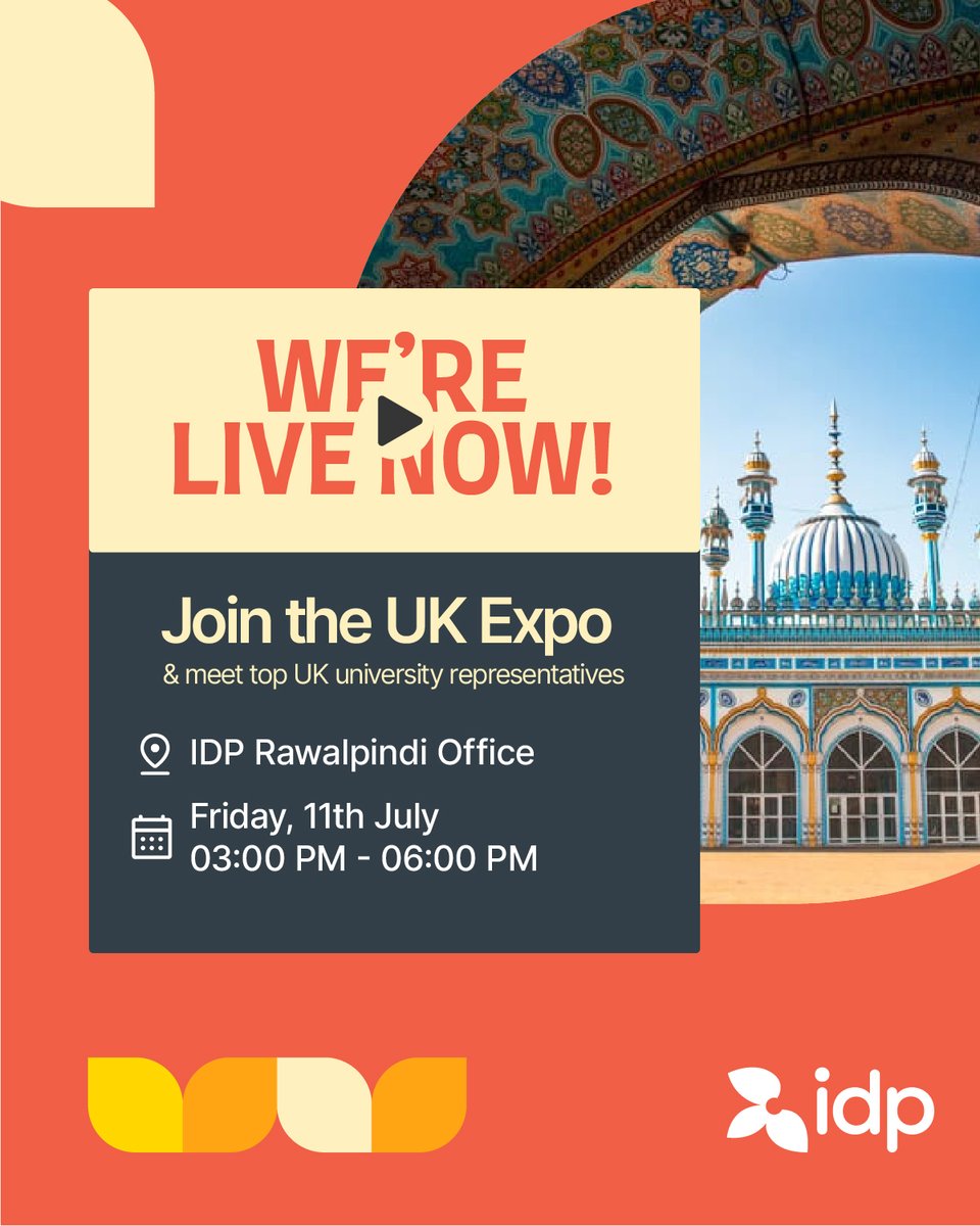 IdpPakistan's tweet image. We are live now!

The UK Expo is happening now at IDP Rawalpindi office.

Talk to university representatives, get free guidance, and apply on the spot.

Time: 3 PM to 6 PM

Join us and take the next step in your education journey.

#UKExpo #IDPEducation #StudyAbroad #StudyInUK