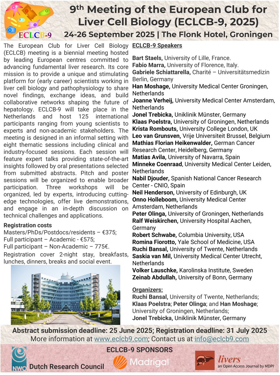 RuchiBansalUT's tweet photo. 📣 Don’t miss #ECLCB9, 2025.
📍 Groningen | 📅 24–26 Sept 2025
📝 Register by 31 July 2025 → https://t.co/j15T9UStMA
 #ECLCB9 #LiverCancer #BasicHepatology #TranslationalHepatology https://t.co/KlmywyrDDr