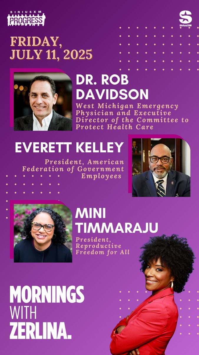 ZerlinaMornings's tweet image. Happy Friday! Joining Zerlina on the show this morning: @ctphealthcare Executive Director @DrRobDavidson, @AFGENational President @AFGEPrezKelley + @reproforall President @mintimm!
☎️ 866-997-4748
📻 @SiriusXMProg Ch. 127
siriusxm.us/Zerlina