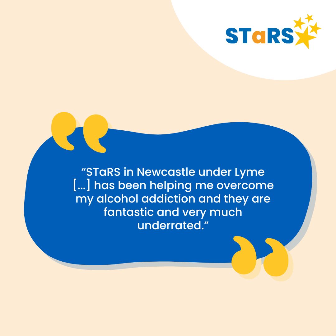 We have the privilege to stand alongside many people working towards recovery; here is just one example:

“STaRS in Newcastle under Lyme [...] has been helping me overcome my alcohol addiction and they are fantastic and very much underrated.”

Read more stories <a href="/careopinion/">Care Opinion</a>