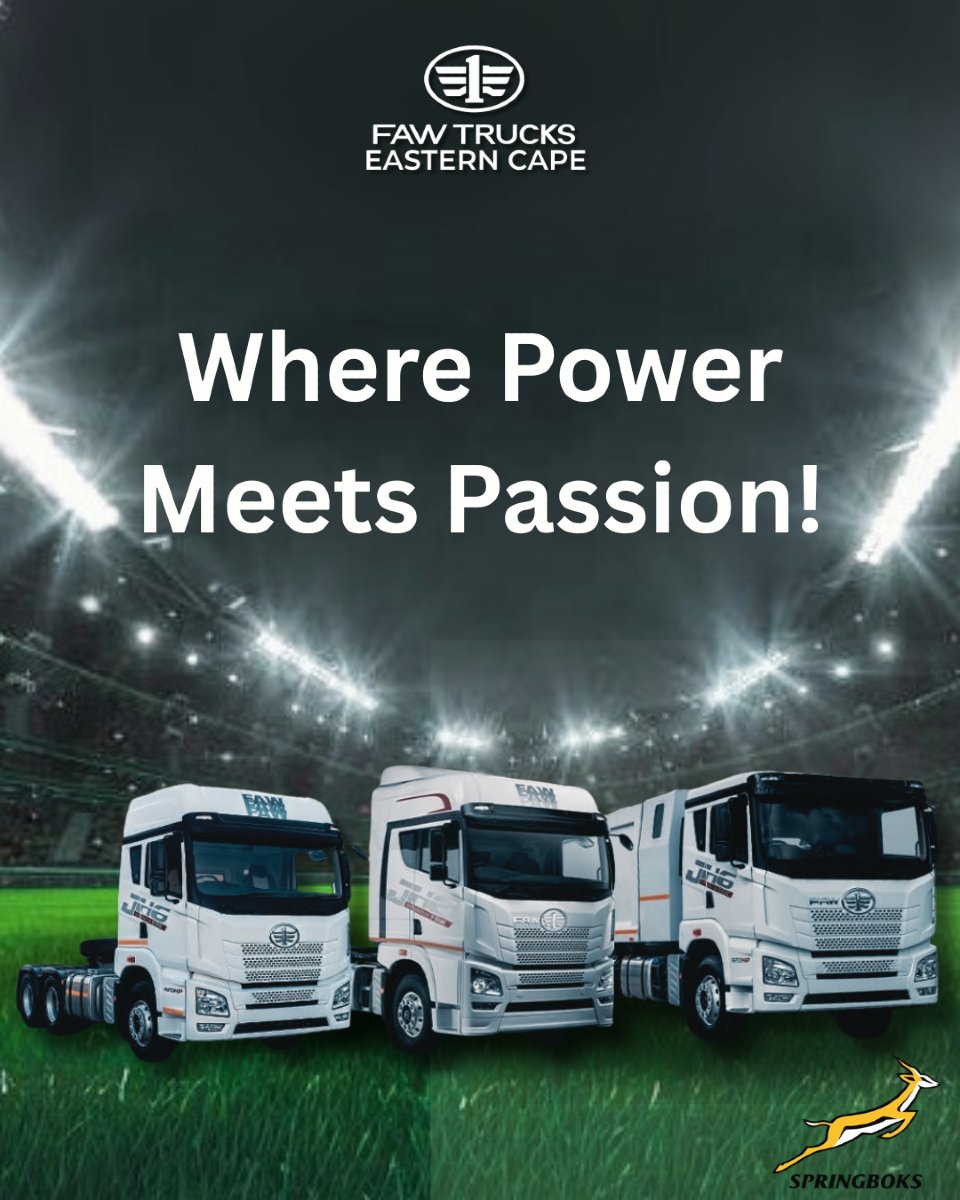 FawCape's tweet image. From the highways to the try lines FAW Trucks Eastern Cape is behind the Springboks every metre of the match. 
Let’s drive it home, boys! 💪💚💛

#StrongerTogether #GoBokke #FAWTrucksEasternCape #gqeberha  #rugby
