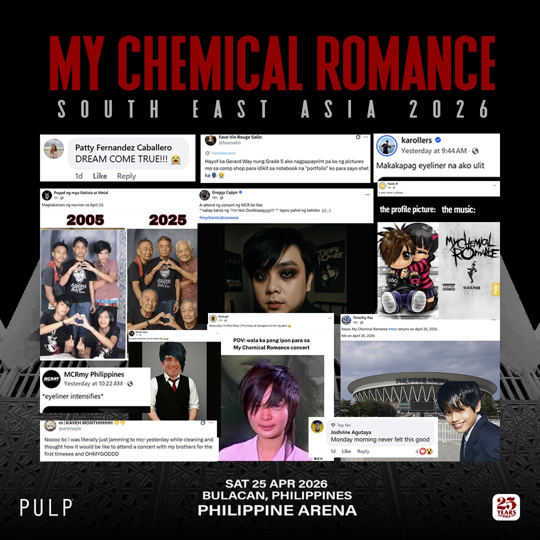 pulpliveworld's tweet photo. Are we okay, MCRmy? 🥀

Y’all really turned all of social media into an emotional rollercoaster—confessions, chaos, memes, and countdowns to April 25, 2026! 🫨🤭

🖤 MY CHEMICAL ROMANCE (@MCRofficial) SOUTH EAST ASIA 2026 TOUR IN BULACAN 
📌 PHILIPPINE ARENA
🗓 APRIL 25, 2026

Seat plan, ticket prices, and everything you need to survive this ride? Coming VERY soon. Buckle up, emos. It’s really happening. 🔥

#MyChemicalRomanceinPH2026 @gerardway @FrankIero @raytoro @mikeyway