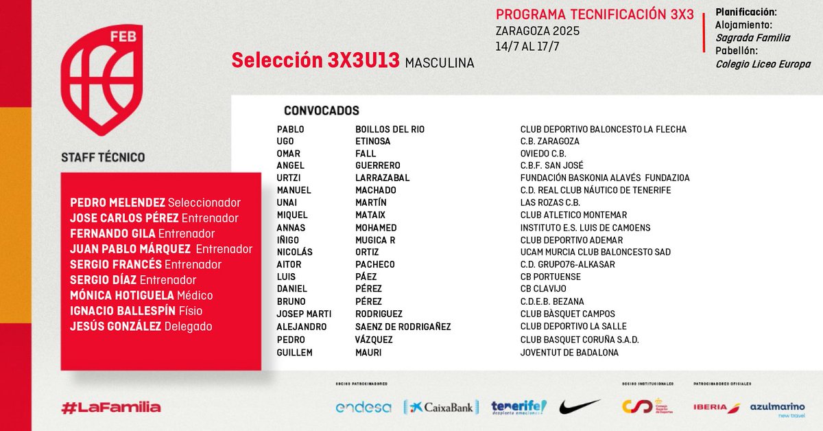 #U13M3x3 📋 Convocatoria U13 masculina de 3x3 para la tecnificación de verano. 🏀🇪🇸

📆 14-17 de julio
📍 Zaragoza