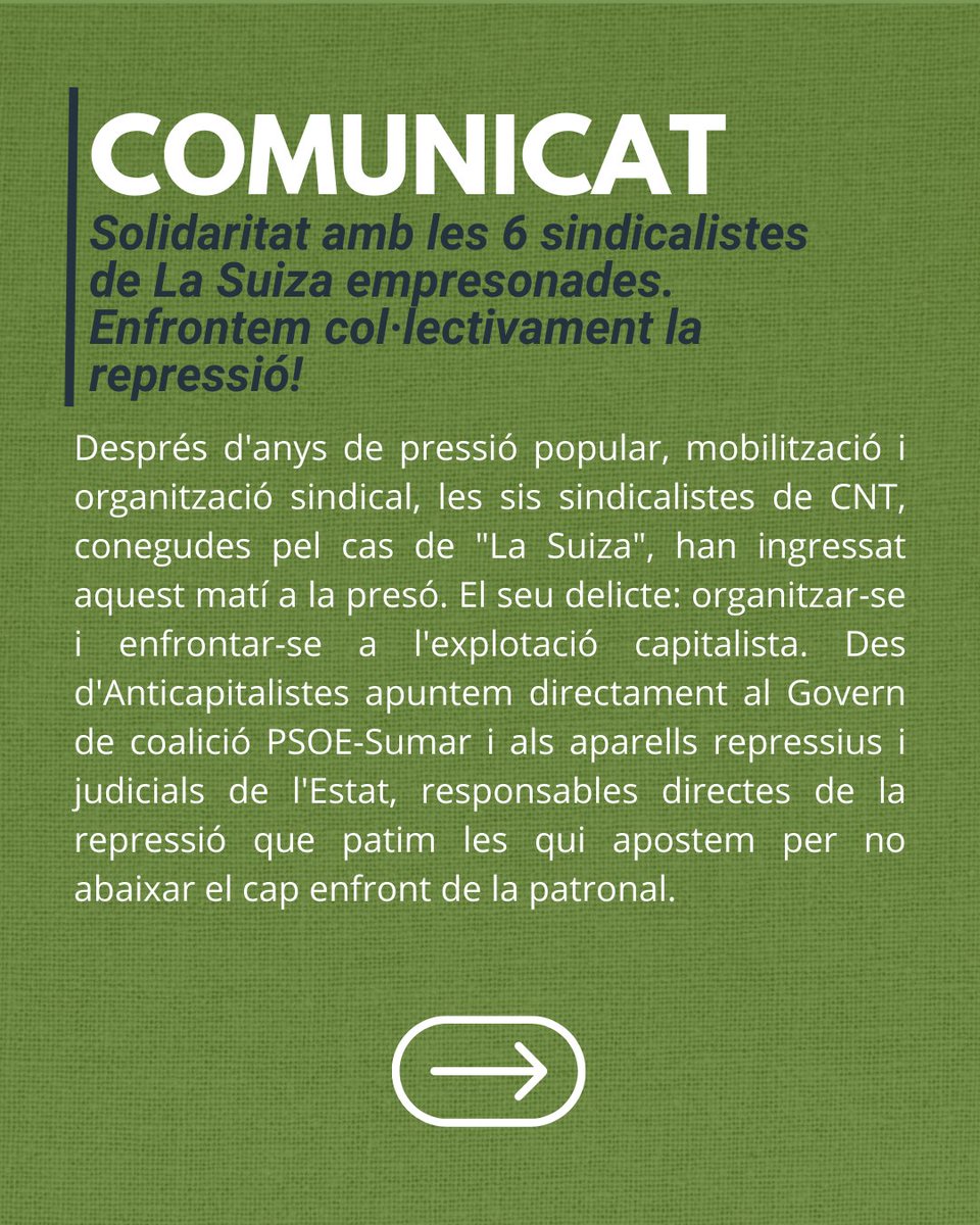 anticapiPV's tweet image. 🗒️COMUNICAT
Solidaritat amb les 6 sindicalistes de La Suiza empresonades.
Enfrontem col·lectivament la repressió! 🔥