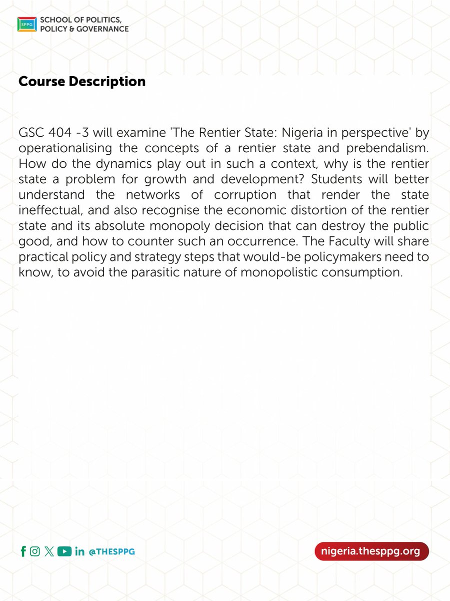TheSPPG's tweet image. #TodayAtTheSPPG
Join Dr Obiageli "Oby" Ezekwesili @obyezeks for: GSC 404 -3: The Rentier State: Nigeria in Perspective.
This course explores Nigeria as a rentier state, examining how rent-seeking and prebendalism fuel corruption, weaken institutions, and hinder…