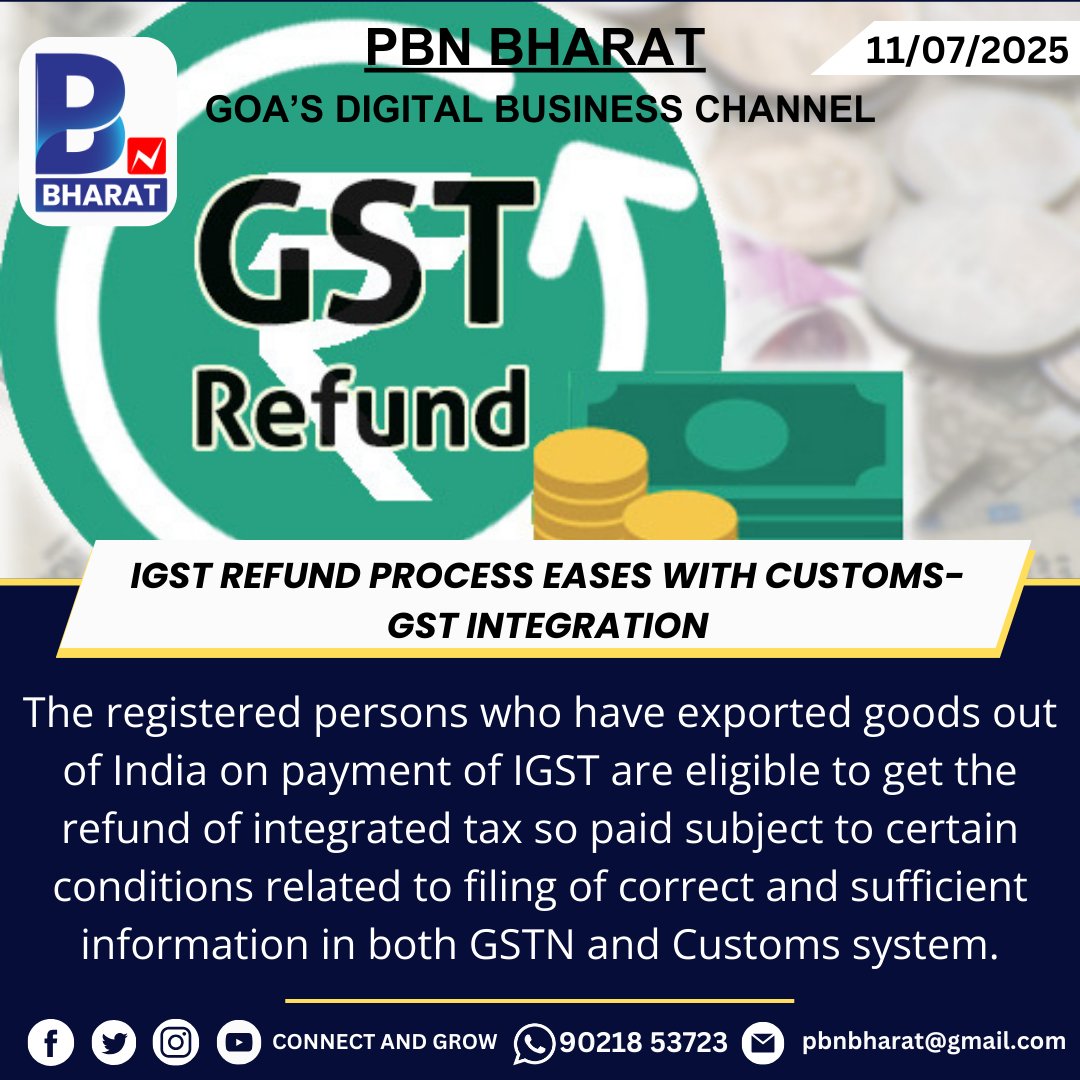 PBNBHARAT's tweet image. IGST Refund Process Eases with Customs-GST Integration
#IGSTRefund #GSTUpdates #CustomsIntegration #EaseOfDoingBusiness #TaxReforms #CBIC #GSTIndia #ExportersRelief #IndirectTax #TradeFacilitation