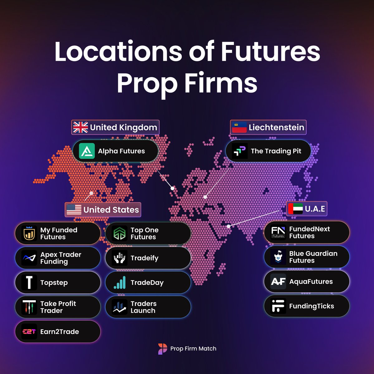 pfm_futures's tweet image. Locations of Futures Prop Firms 🌎
