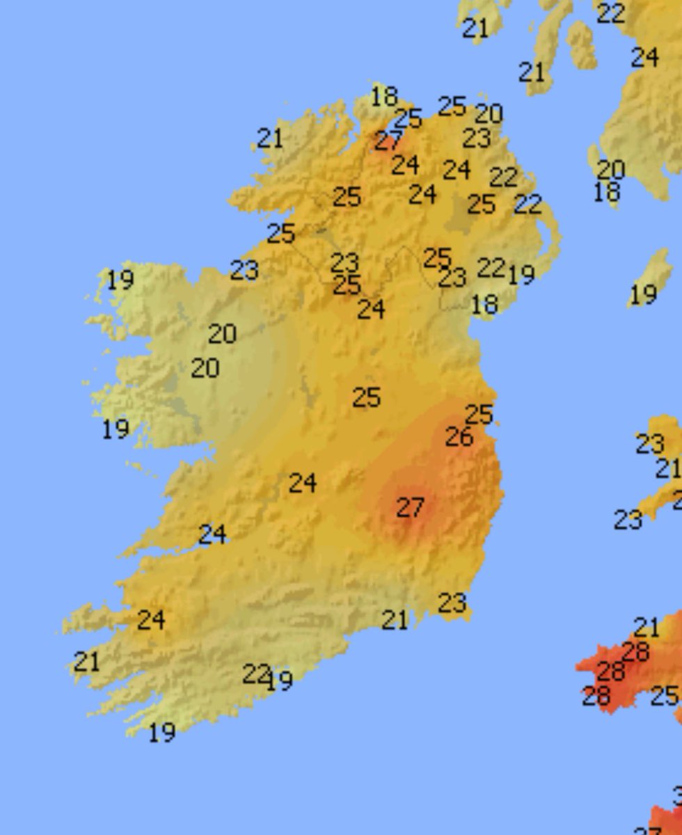 27C at 1pm in Eglinton, County Derry, and Oak Park, County Carlow. Temps still rising.