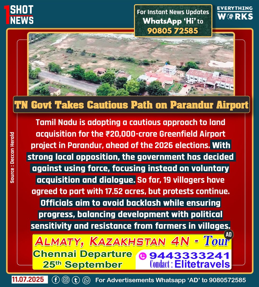 Tamil Nadu is adopting a cautious approach to land acquisition for the ₹20,000-crore Greenfield Airport project in Parandur, ahead of the 2026 elections. With strong local opposition, the government has decided against using force, focusing instead on voluntary acquisition and