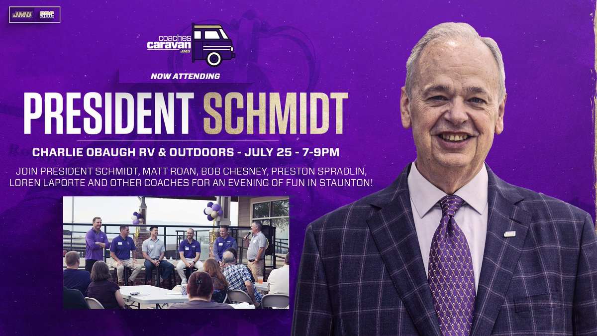 JMUSports's tweet image. We are excited to announce President Schmidt will be joining us on our last @JMUDukeClub Coaches Caravan stop in Staunton on July 25!
Get your tickets today for an evening a fun! ⤵️
🎟️ | bit.ly/3U4eCQe
#GoDukes