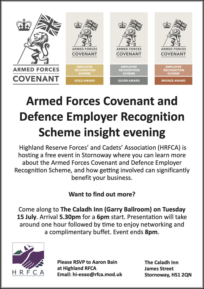hrfca's tweet image. Come along to our free #ArmedForcesCovenant and Defence Employer Recognition Scheme insight evening in Stornoway on 15 July: welovestornoway.com/index.php/news…. 🗓️📢🗓️