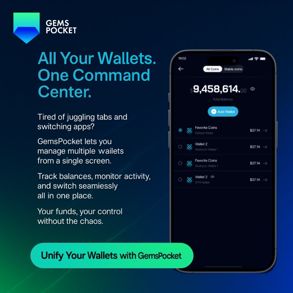 📲Tired of switching tabs to manage your wallets?

With GemsPocket, you can monitor, switch, and track all your wallets from one clean, powerful dashboard.

One app. Full control. Zero chaos.

🔄Seamless wallet switching
📊Real-time balance tracking
🔐Complete transparency

Unify