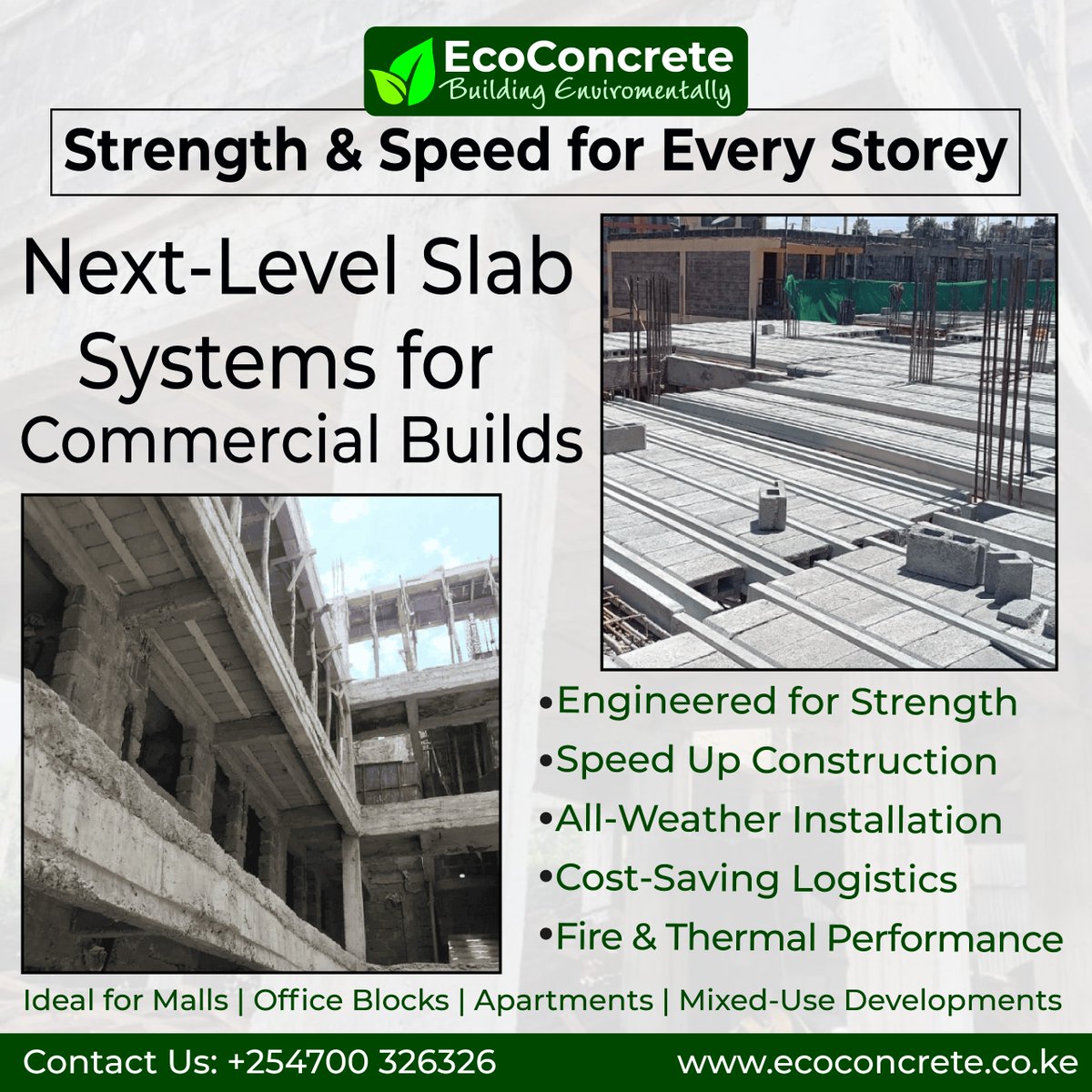 High-rise and commercial buildings demand speed, strength, and efficiency during construction—qualities that EcoConcrete’s Ready Flooring System delivers with precision. By eliminating the need for on-site curing, formwork, and extensive propping, the system significantly reduces