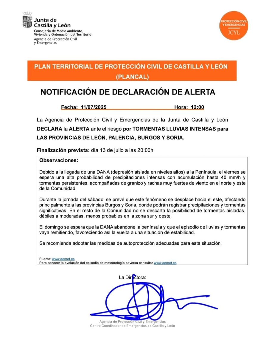 ⚠️La Agencia de Protección Civil y Emergencias alerta de una DANA por el noroeste de CyL con intensas tormentas y fuertes rachas de viento

📣 En Burgos se esperan vientos de hasta 35 kms por lo que se recomienda a los ciudadanos extremar las precauciones y evitar zonas arboladas