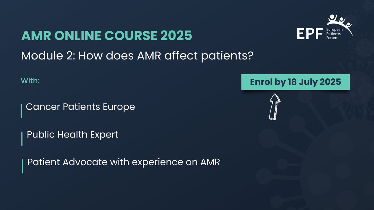 European Patients' Forum (@eupatientsforum) on Twitter photo Did you know that patients with chronic diseases are among the most vulnerable to #AMR?
Module 2 of our course will dive into how AMR affects patients. Participants will discuss it with patient advocates and a speaker from <a href="/CancerPatientsE/">Cancer Patients Europe</a>.
👉bit.ly/3F2nBxK Did you know that patients with chronic diseases are among the most vulnerable to #AMR?
Module 2 of our course will dive into how AMR affects patients. Participants will discuss it with patient advocates and a speaker from <a href="/CancerPatientsE/">Cancer Patients Europe</a>.
👉bit.ly/3F2nBxK
