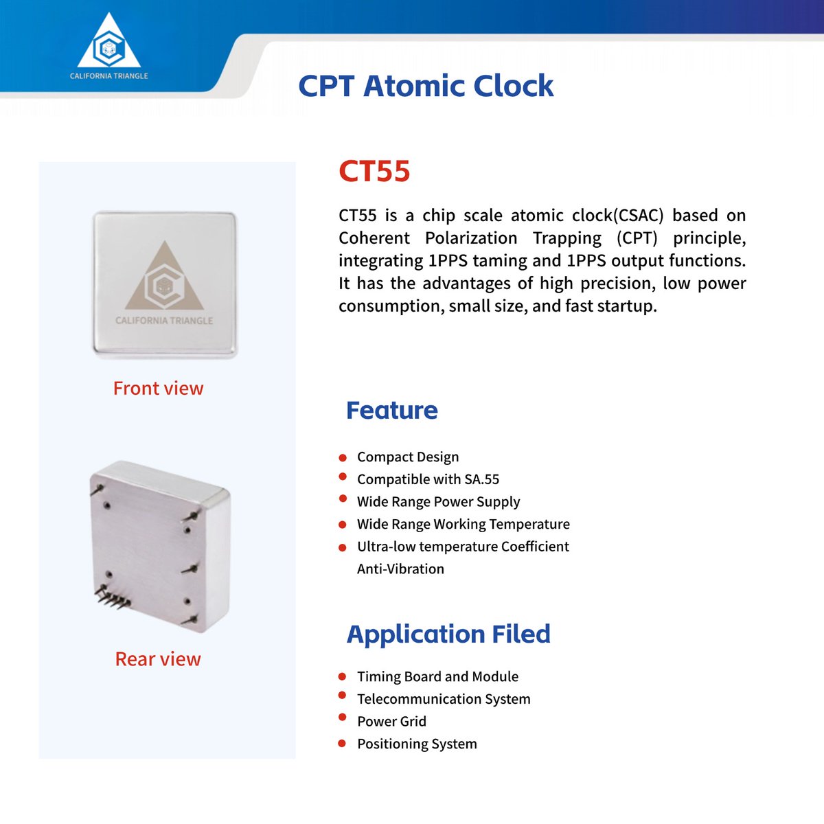 CalTriangle_'s tweet image. CT55 is a chip scale atomic clock based on Coherent Polarization Trapping (CPT) principle, integrating 1PPS taming and output functions. I#CPT #CSAC #chipscaleatomicclock

Visit us : timingserver.com 
For Inquiry Contact : 
Email: sales@timingserver.com